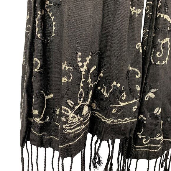 Black Floral Embroidered 100% Rayon Scarf Shawl w/ Fringe + Sequins By Cashmina - Picture 2 of 6